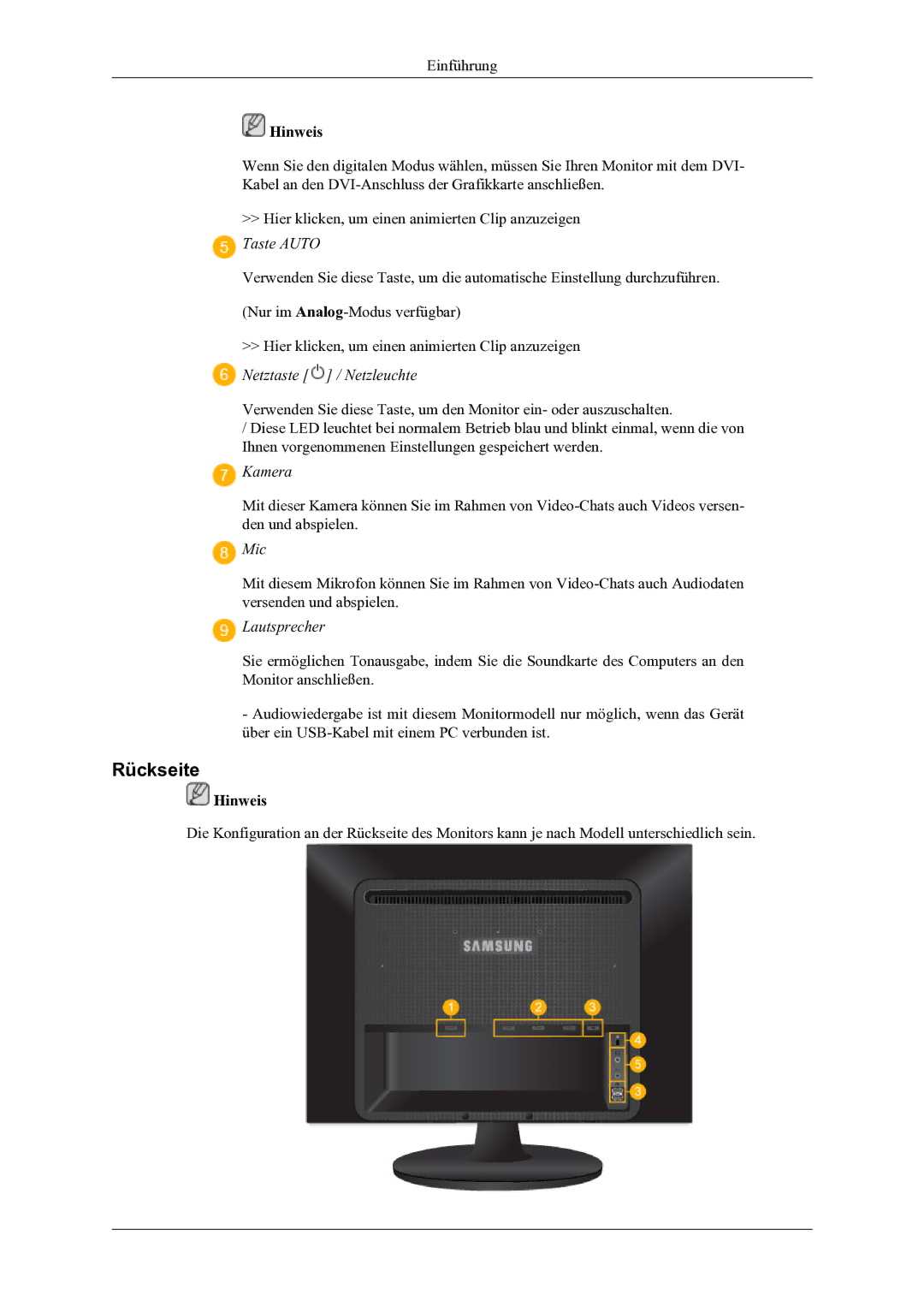 Samsung LS22LIUJFV/EN, LS24LIUJFV/EN manual Rückseite, Netztaste / Netzleuchte 