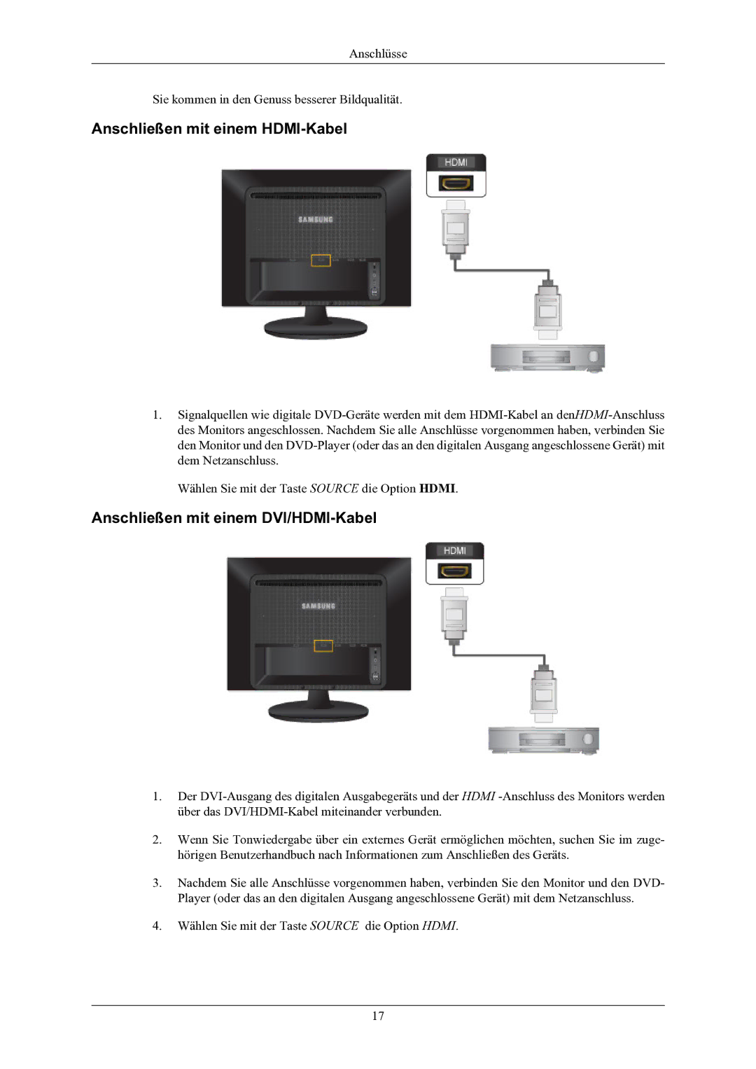 Samsung LS24LIUJFV/EN, LS22LIUJFV/EN manual Anschließen mit einem HDMI-Kabel, Anschließen mit einem DVI/HDMI-Kabel 