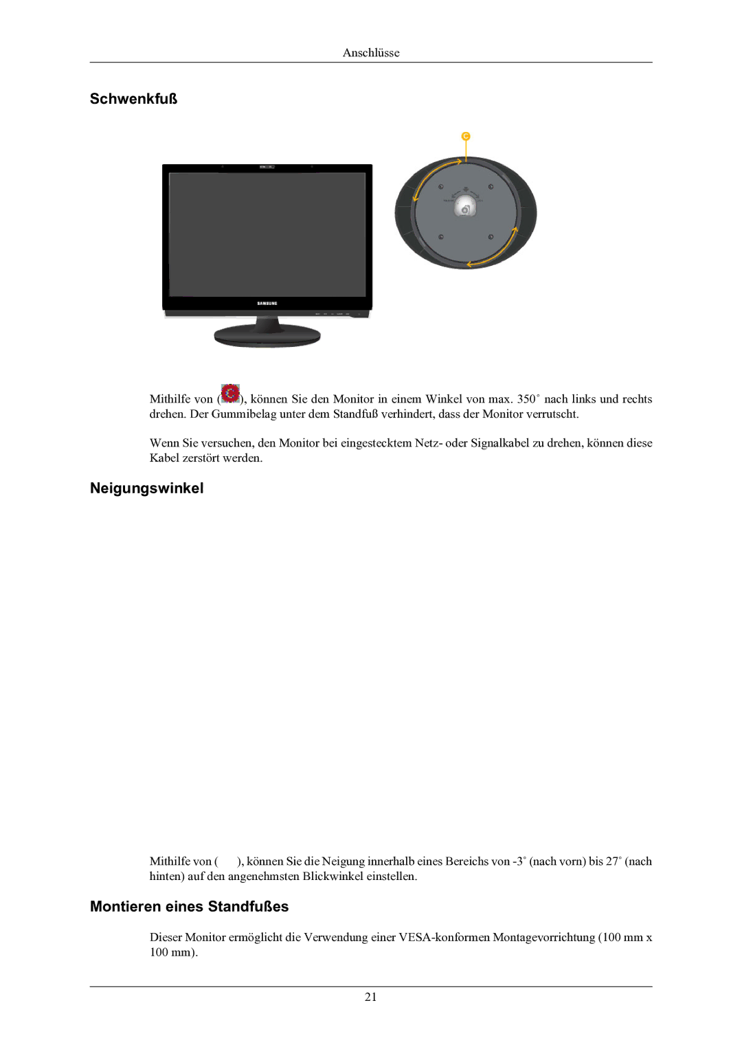 Samsung LS24LIUJFV/EN, LS22LIUJFV/EN manual Schwenkfuß, Neigungswinkel, Montieren eines Standfußes 