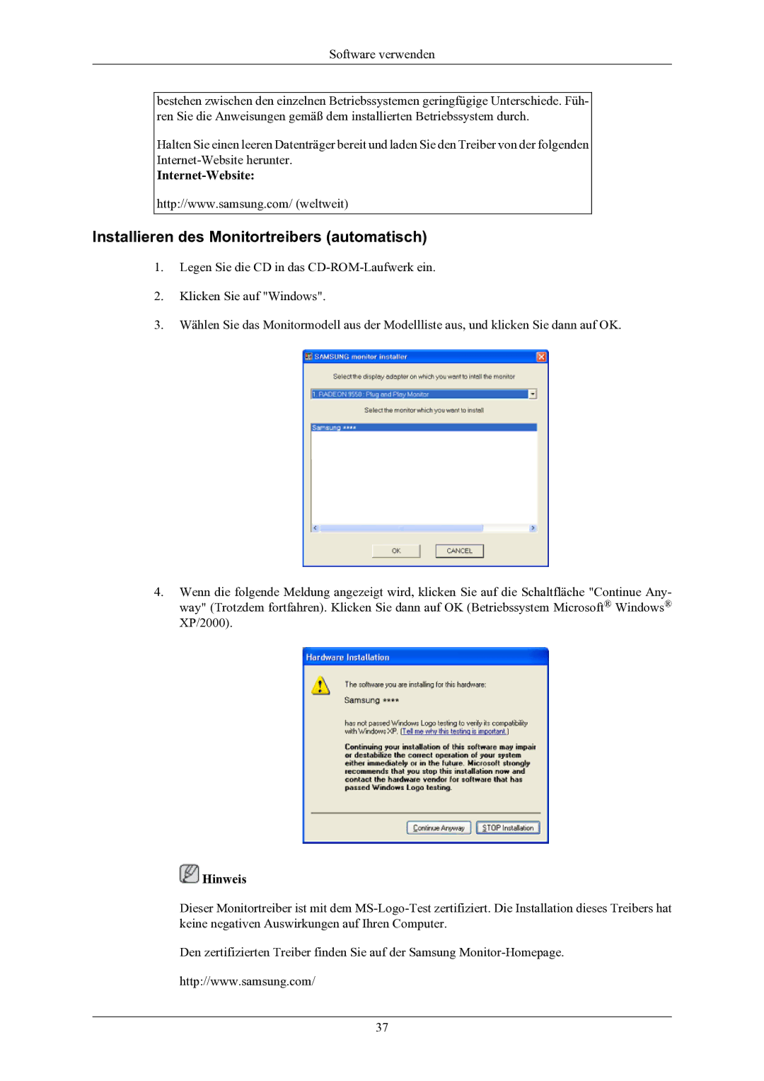 Samsung LS24LIUJFV/EN, LS22LIUJFV/EN manual Installieren des Monitortreibers automatisch, Internet-Website 