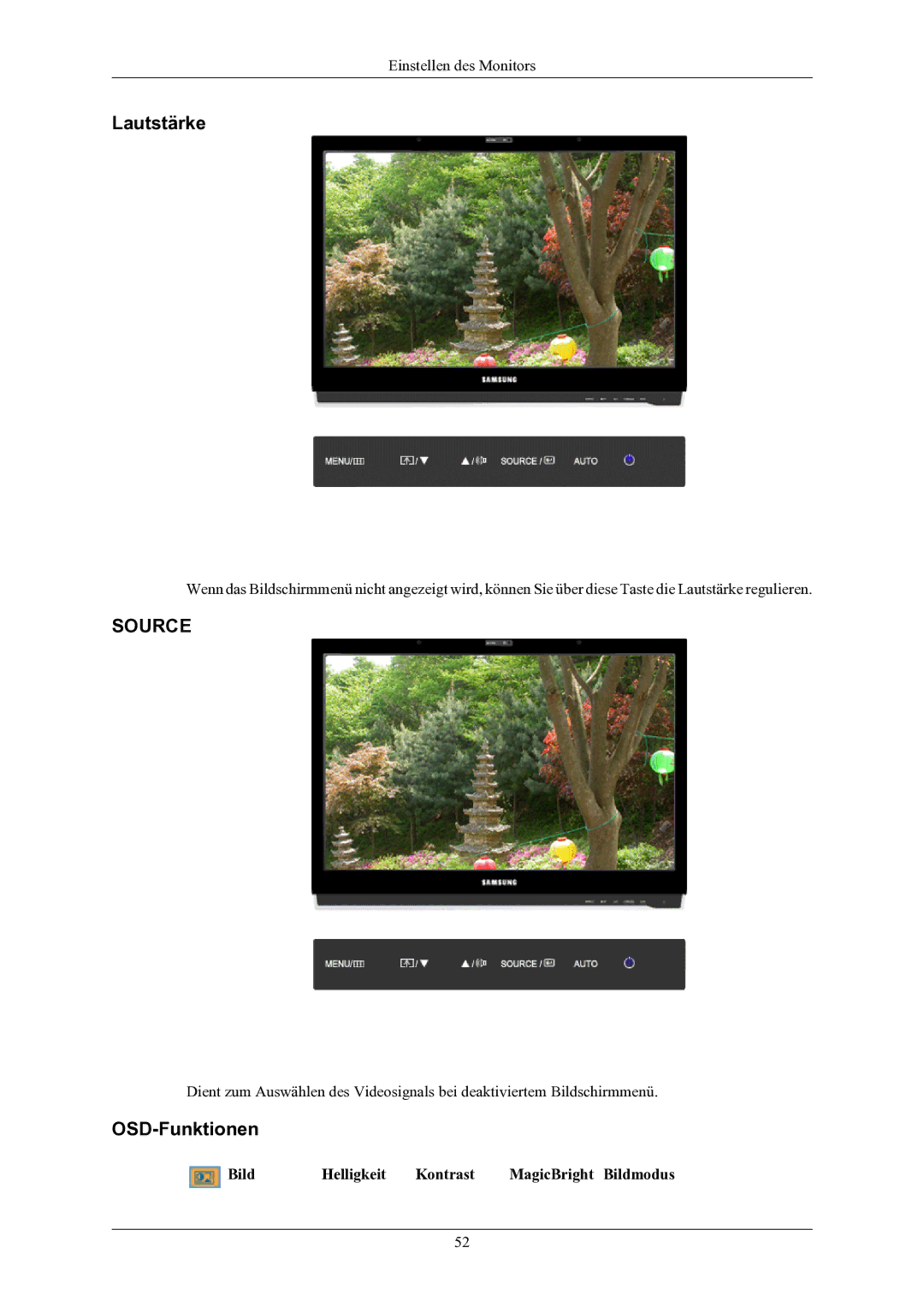 Samsung LS22LIUJFV/EN, LS24LIUJFV/EN manual Lautstärke, OSD-Funktionen, Bild Helligkeit Kontrast MagicBright Bildmodus 