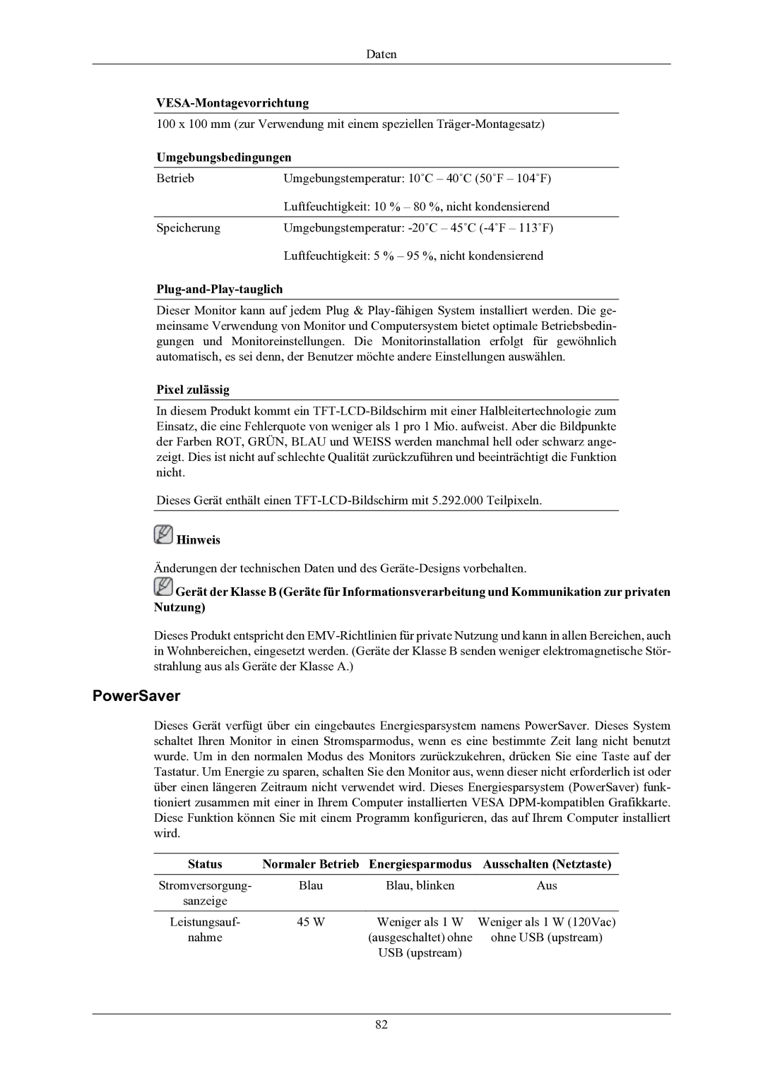 Samsung LS22LIUJFV/EN PowerSaver, VESA-Montagevorrichtung, Umgebungsbedingungen, Plug-and-Play-tauglich, Pixel zulässig 