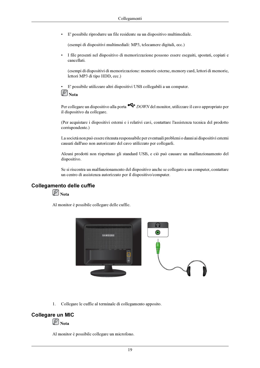 Samsung LS24LIUJFV/EN, LS22LIUJFV/EN manual Collegamento delle cuffie, Collegare un MIC 