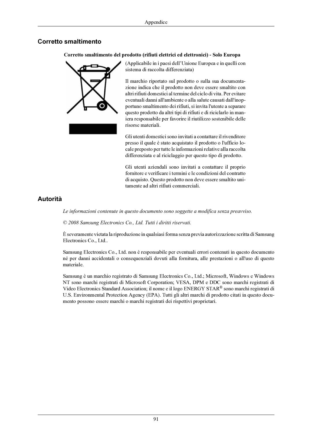 Samsung LS24LIUJFV/EN, LS22LIUJFV/EN manual Corretto smaltimento, Autorità 