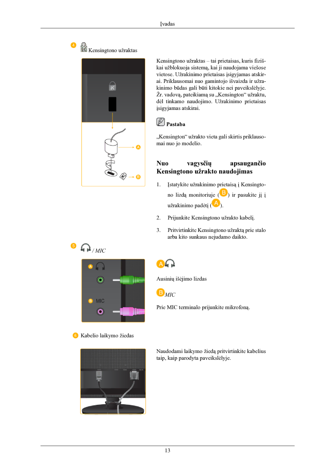 Samsung LS24LIUJFV/EN, LS22LIUJFV/EN manual Nuo vagysčių apsaugančio Kensingtono užrakto naudojimas 