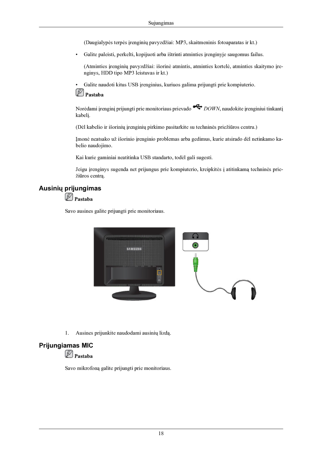 Samsung LS22LIUJFV/EN, LS24LIUJFV/EN manual Ausinių prijungimas, Prijungiamas MIC 