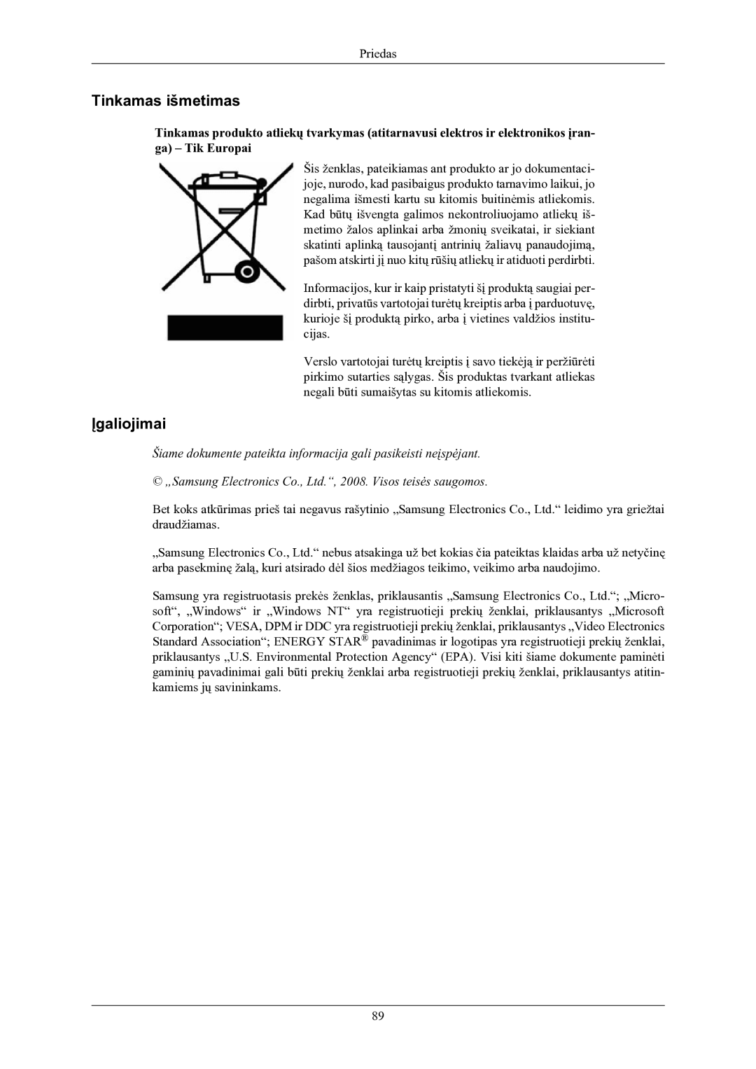 Samsung LS24LIUJFV/EN, LS22LIUJFV/EN manual Tinkamas išmetimas, Įgaliojimai 