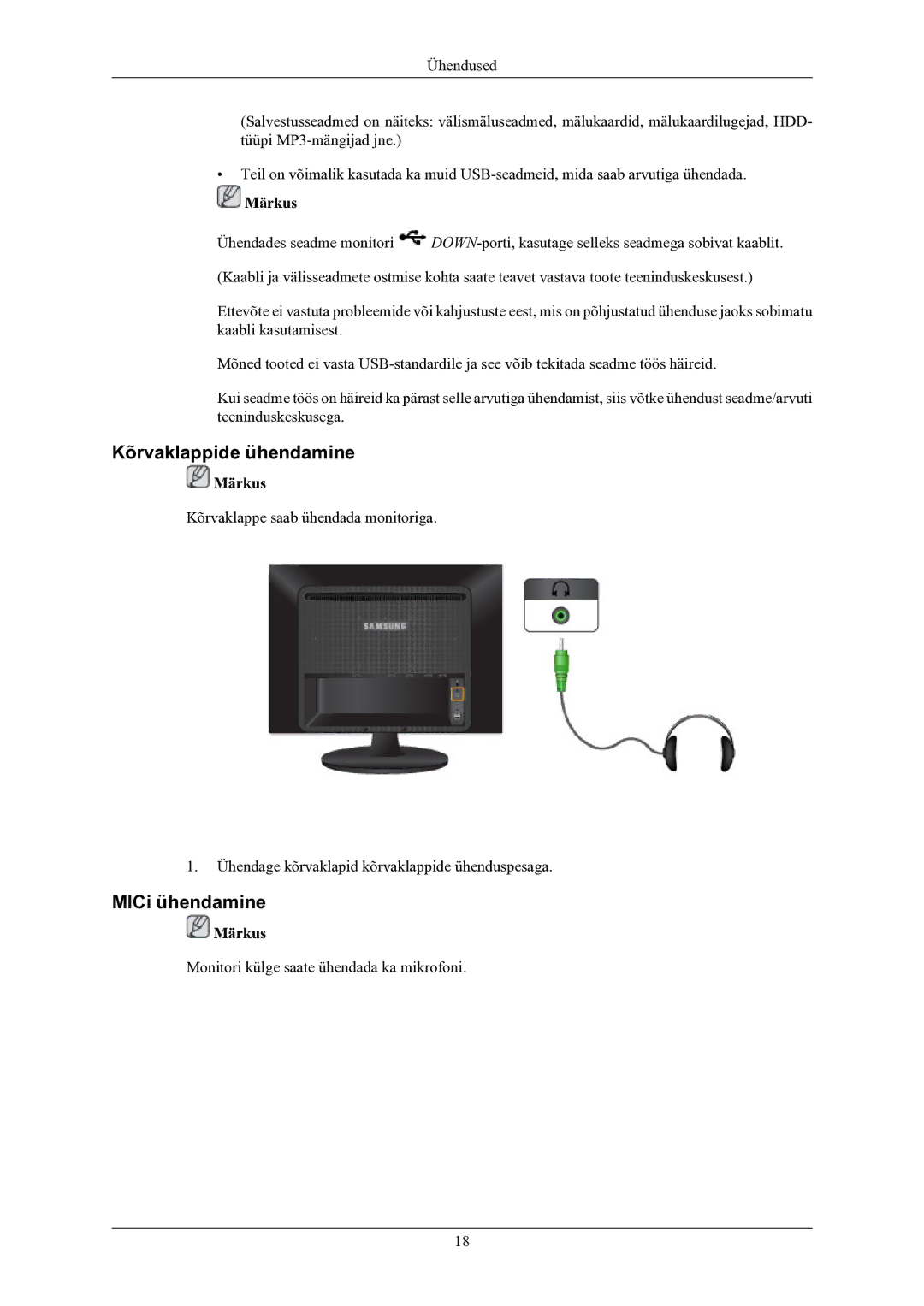 Samsung LS22LIUJFV/EN, LS24LIUJFV/EN manual Kõrvaklappide ühendamine, MICi ühendamine 