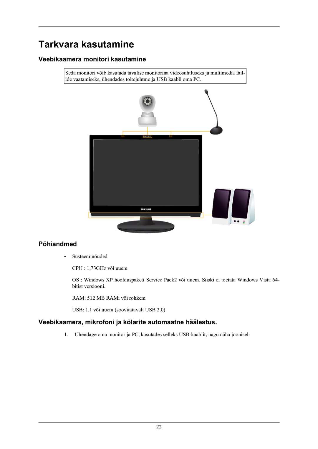 Samsung LS22LIUJFV/EN, LS24LIUJFV/EN manual Tarkvara kasutamine, Veebikaamera monitori kasutamine, Põhiandmed 