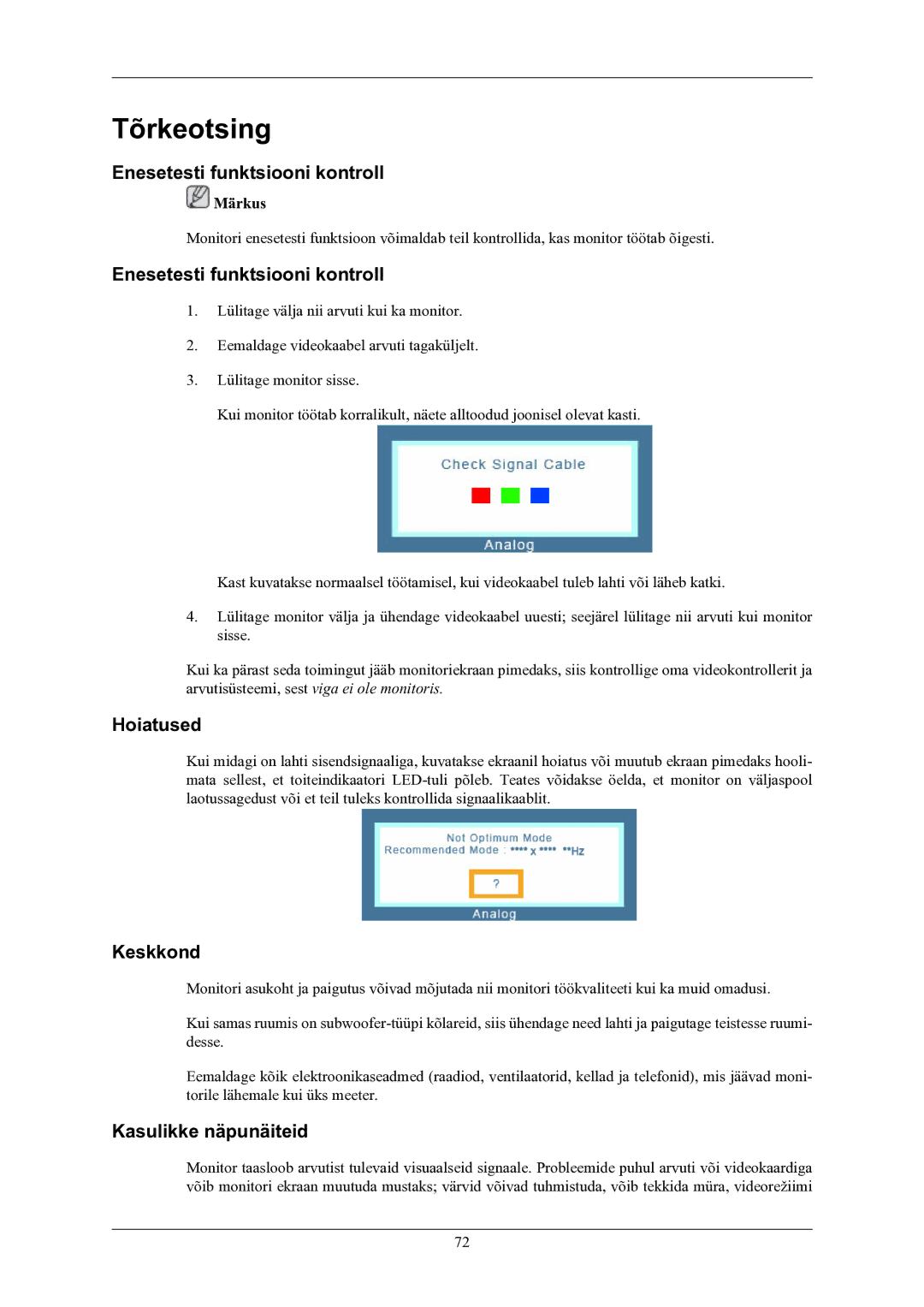 Samsung LS22LIUJFV/EN manual Tõrkeotsing, Enesetesti funktsiooni kontroll, Hoiatused, Keskkond, Kasulikke näpunäiteid 