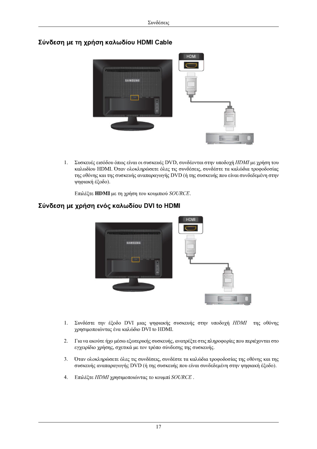 Samsung LS24LIUJFV/EN, LS22LIUJFV/EN Σύνδεση με τη χρήση καλωδίου Hdmi Cable, Σύνδεση με χρήση ενός καλωδίου DVI to Hdmi 