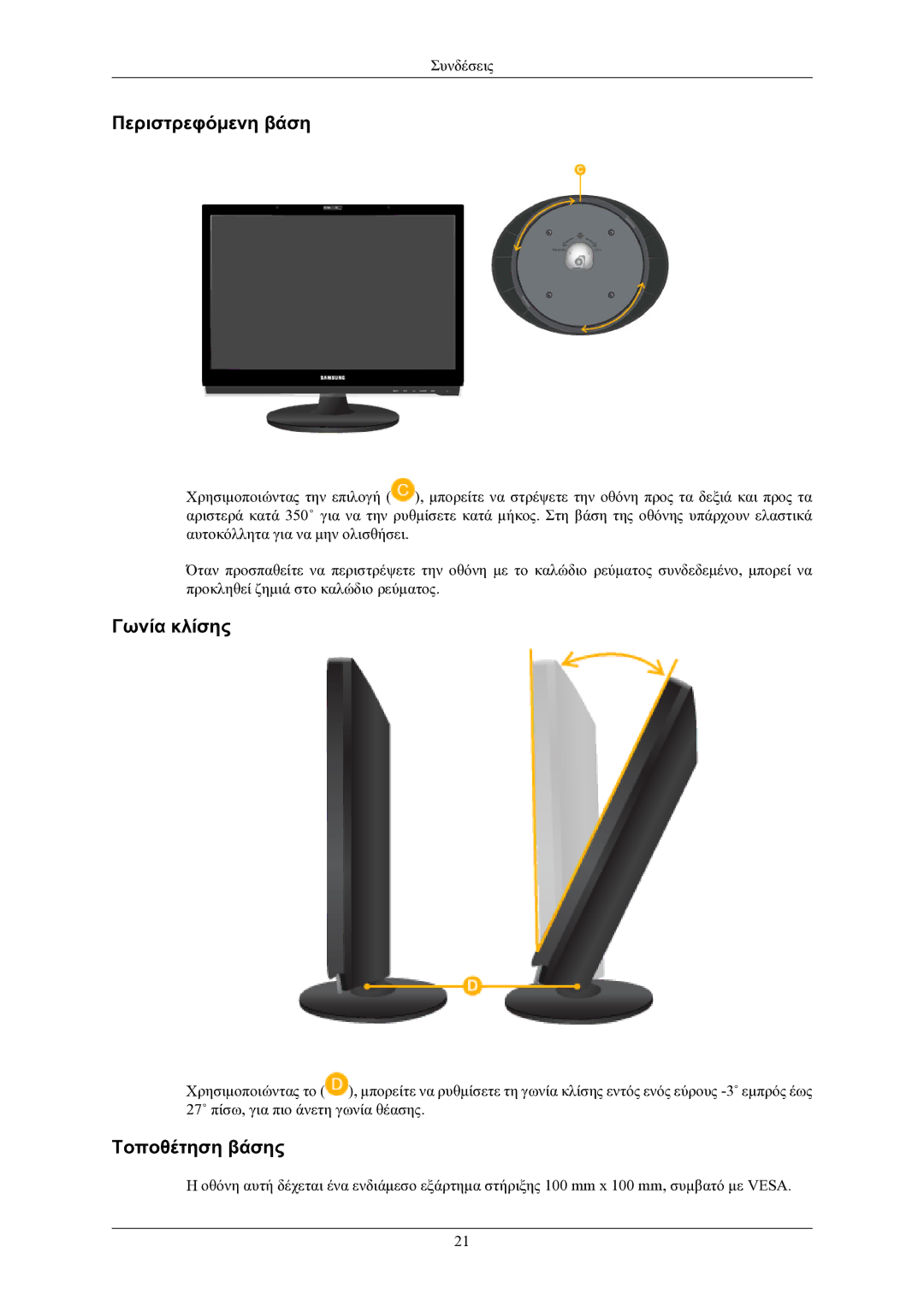 Samsung LS24LIUJFV/EN, LS22LIUJFV/EN manual Περιστρεφόμενη βάση, Γωνία κλίσης, Τοποθέτηση βάσης 