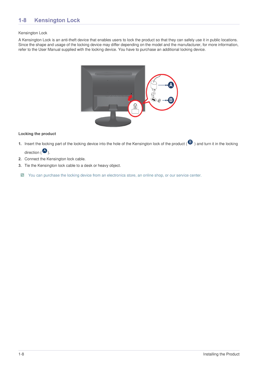 Samsung LS24LRZKUV/EN manual Kensington Lock, Locking the product 