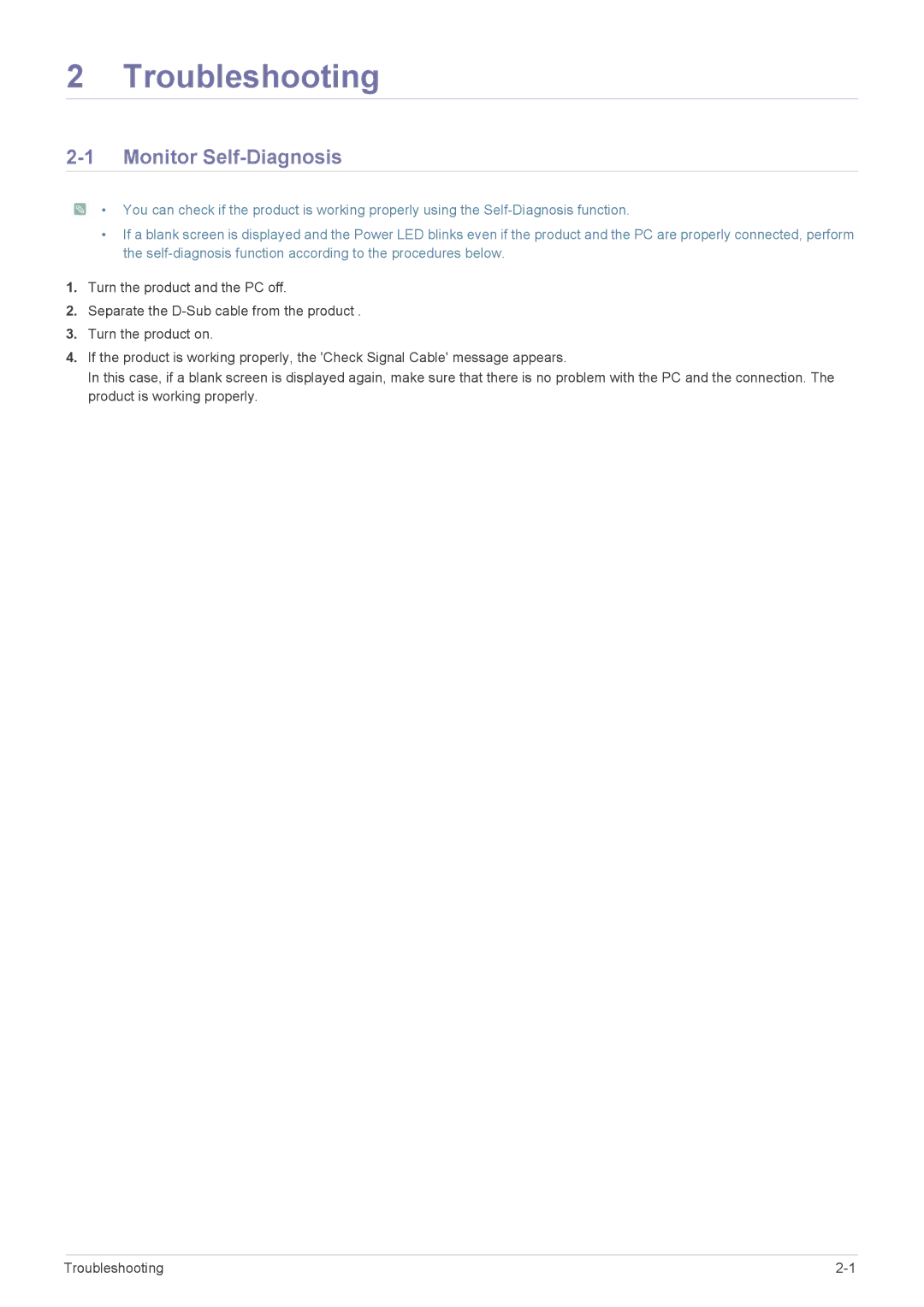 Samsung LS24LRZKUV/EN manual Troubleshooting, Monitor Self-Diagnosis 