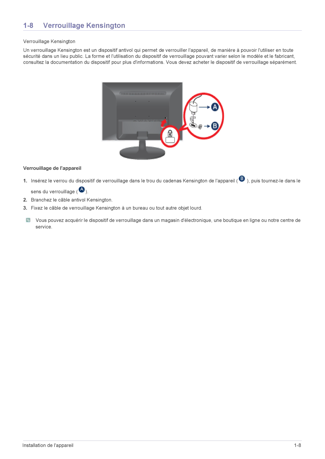 Samsung LS24LRZKUV/EN manual Verrouillage Kensington 