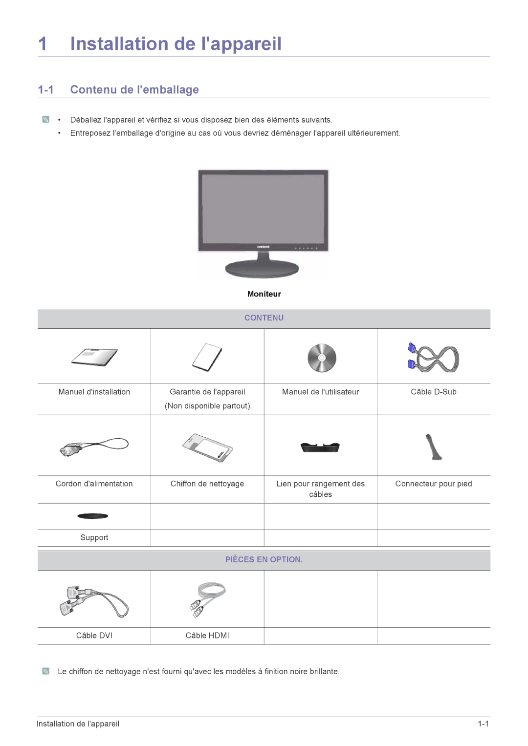 Samsung LS24LRZKUV/EN manual Contenu de lemballage, Pièces EN Option 