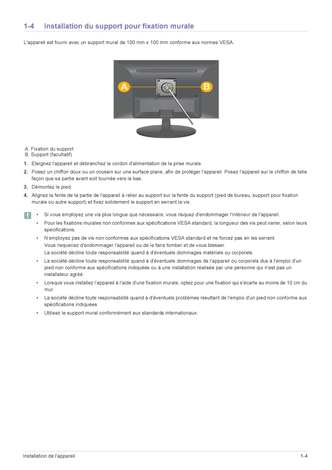 Samsung LS24LRZKUV/EN manual Installation du support pour fixation murale 