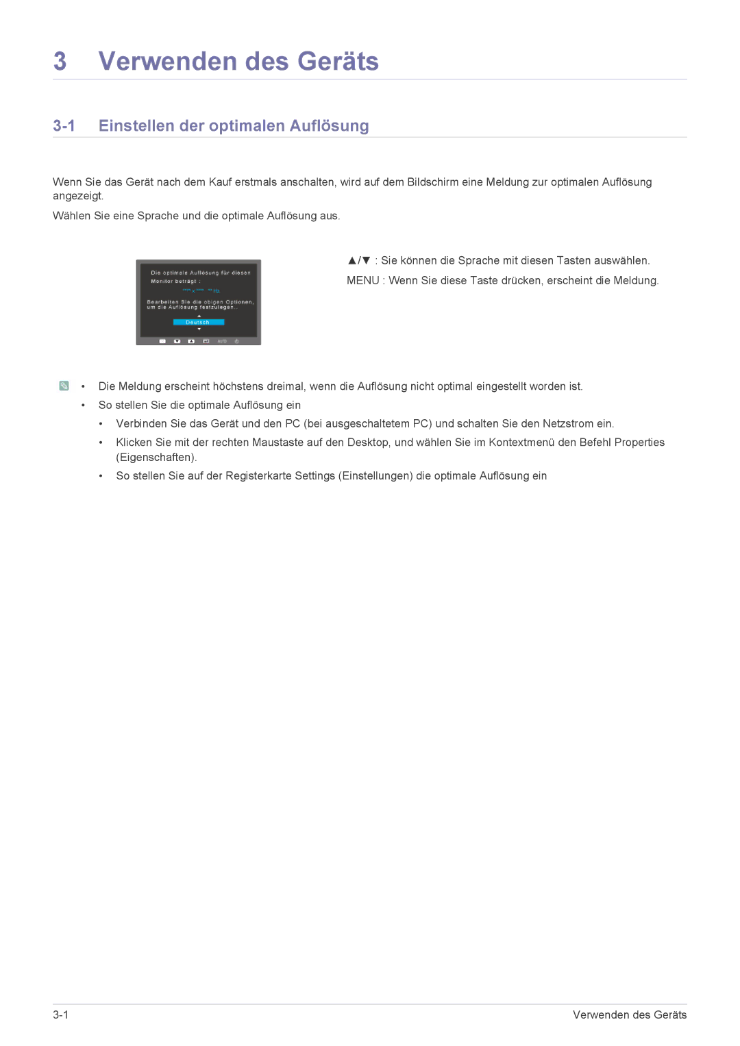 Samsung LS24LRZKUV/EN manual Verwenden des Geräts, Einstellen der optimalen Auflösung 