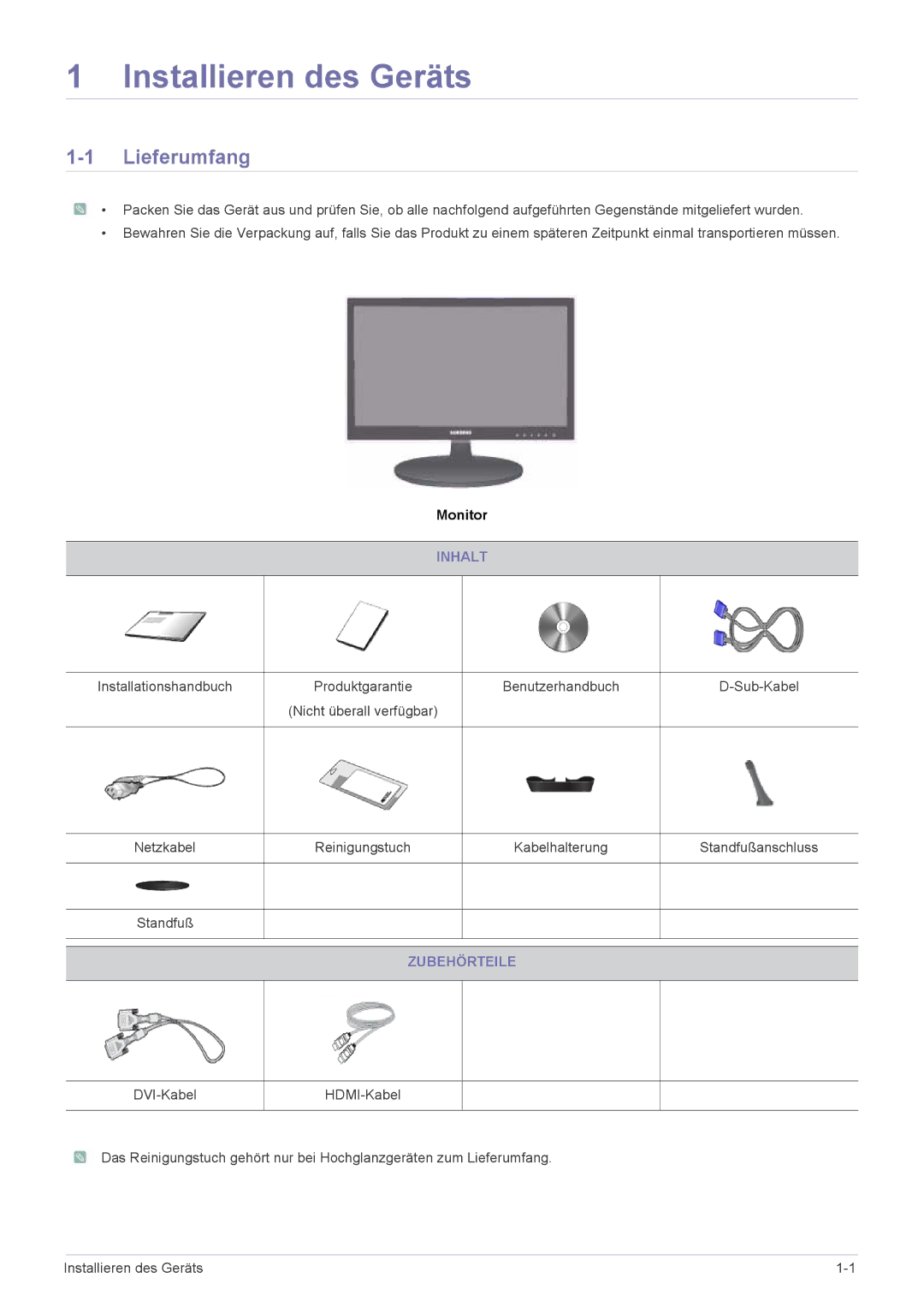 Samsung LS24LRZKUV/EN manual Lieferumfang, Inhalt, Zubehörteile 