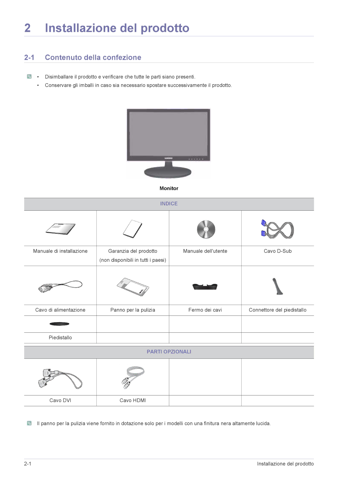 Samsung LS24LRZKUV/EN manual Installazione del prodotto, Contenuto della confezione, Indice, Parti Opzionali 