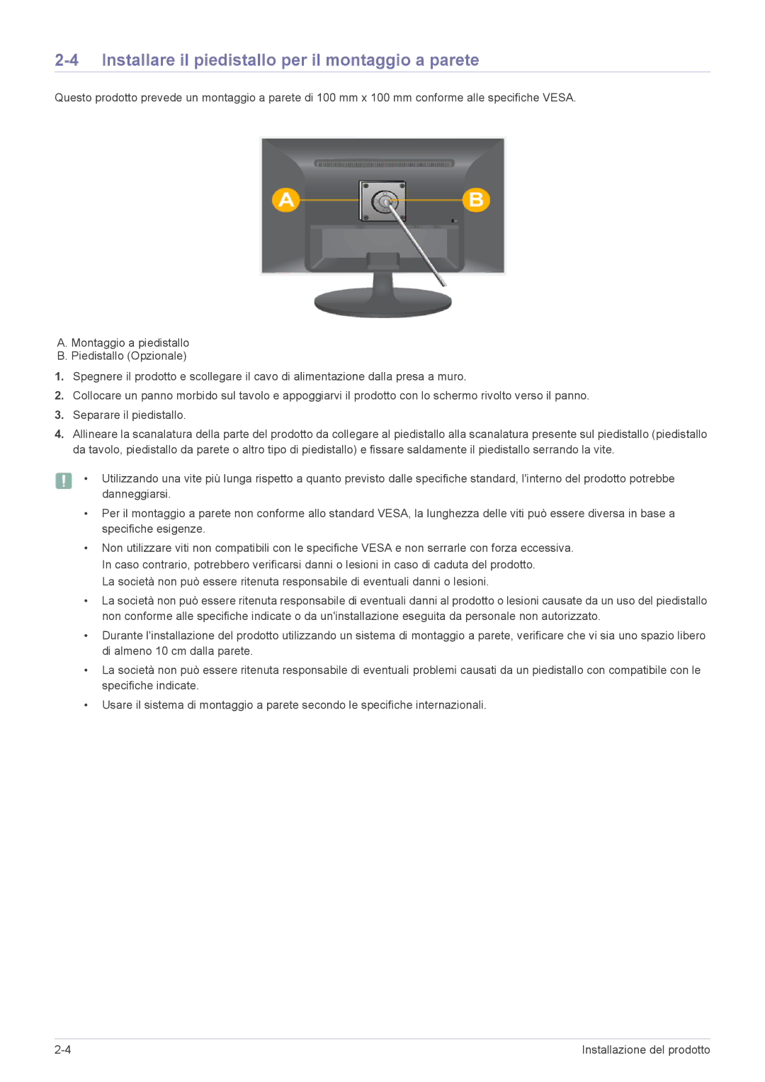 Samsung LS24LRZKUV/EN manual Installare il piedistallo per il montaggio a parete 