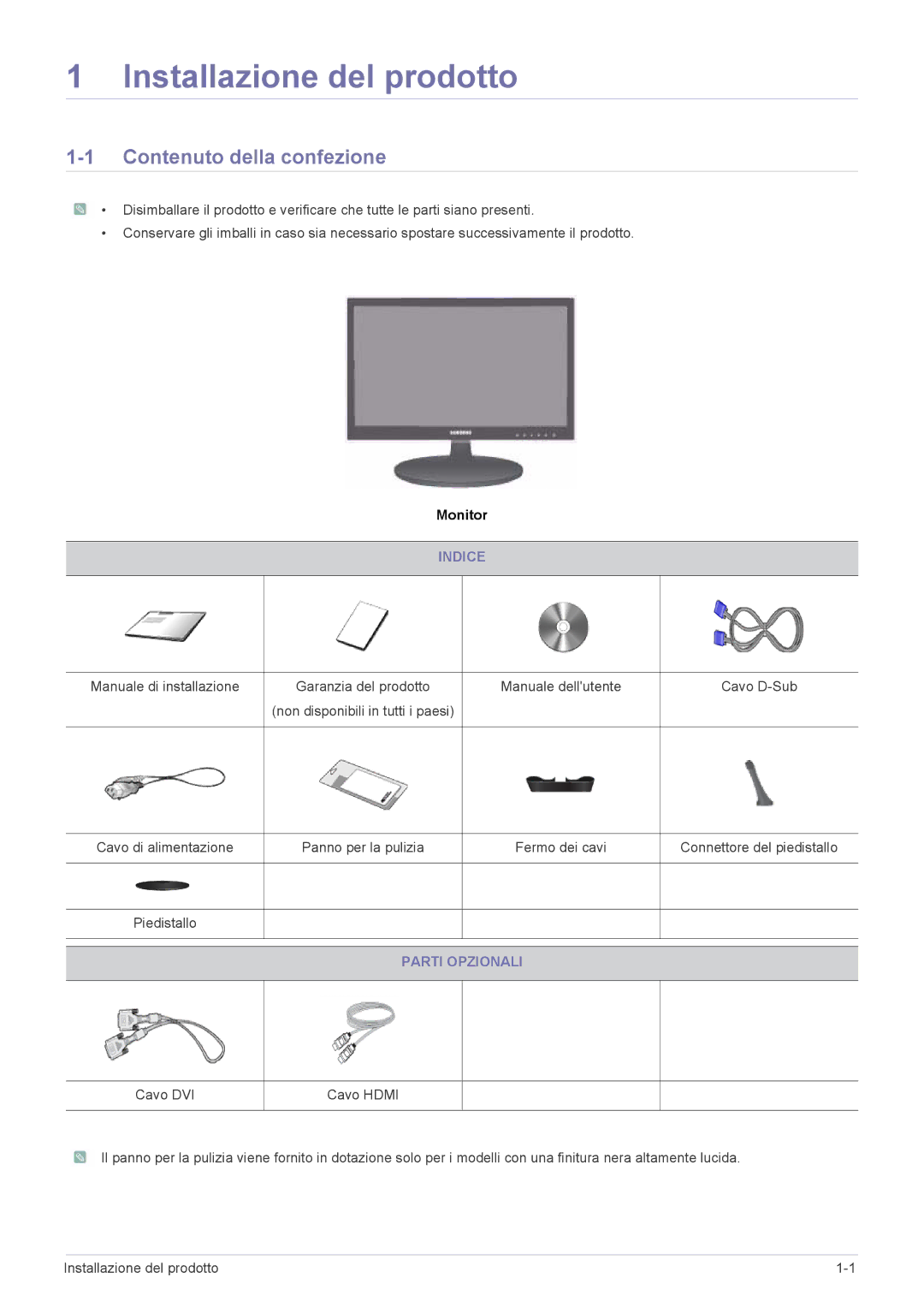 Samsung LS24LRZKUV/EN manual Contenuto della confezione, Indice, Parti Opzionali 