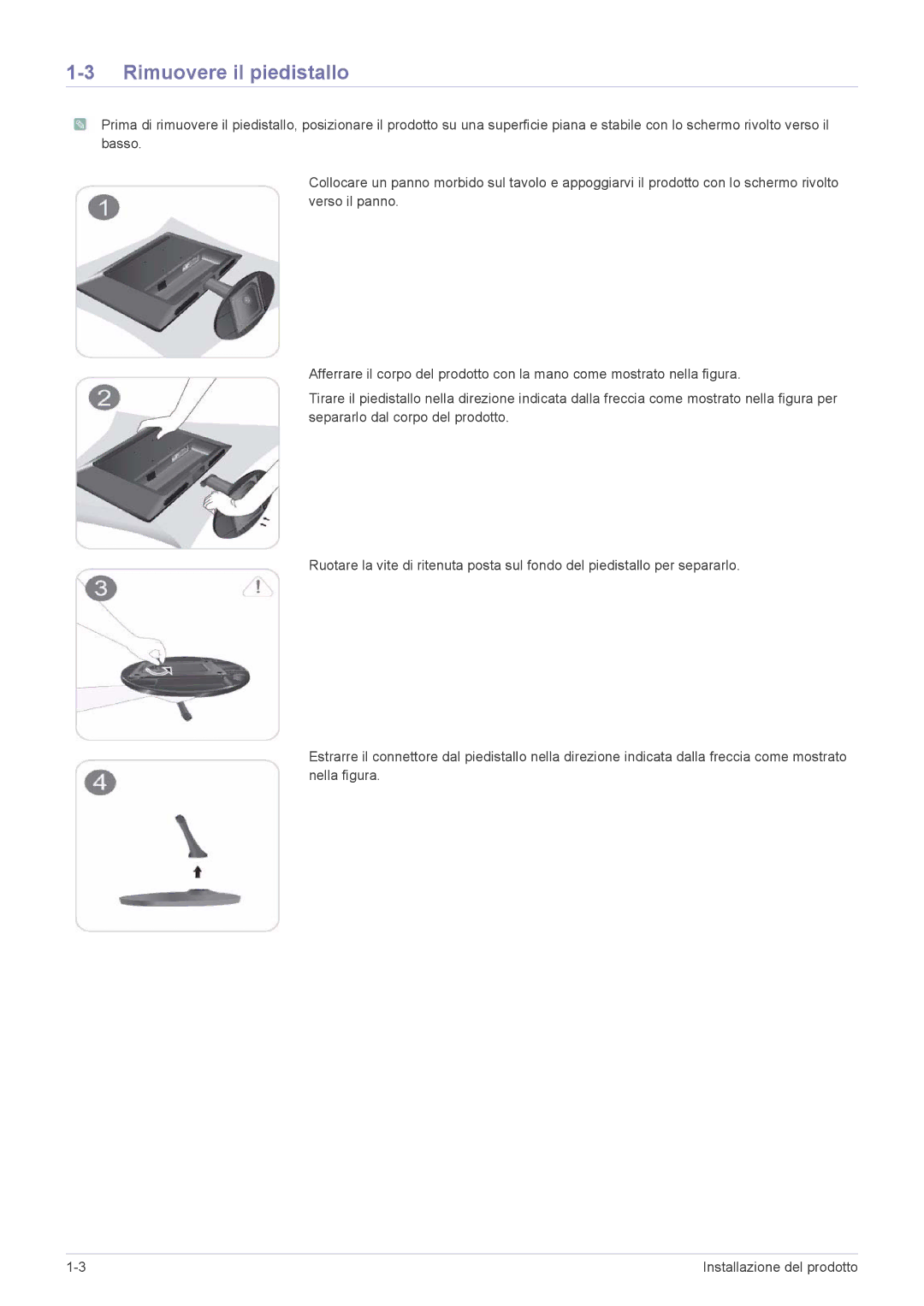 Samsung LS24LRZKUV/EN manual Rimuovere il piedistallo 