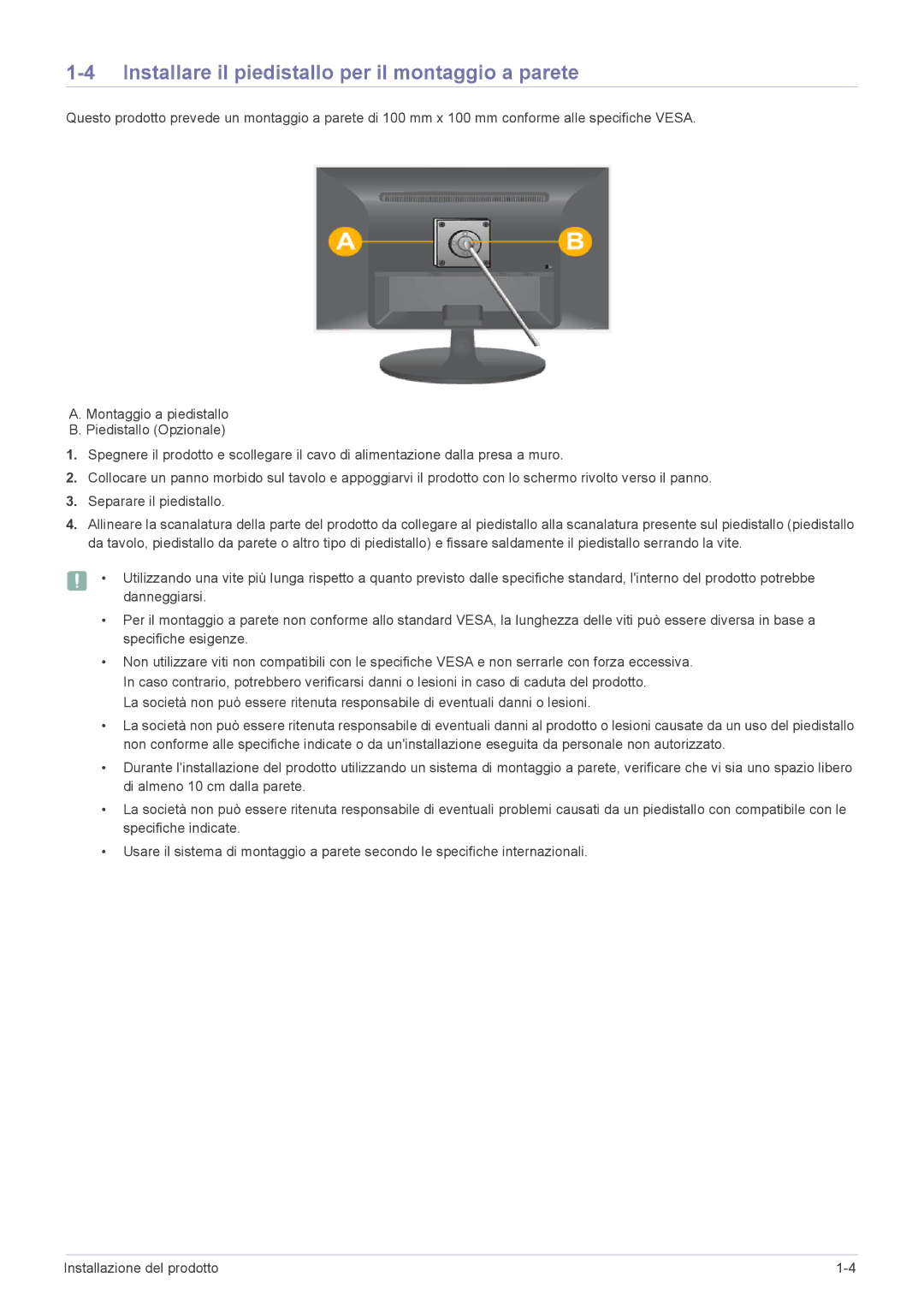 Samsung LS24LRZKUV/EN manual Installare il piedistallo per il montaggio a parete 