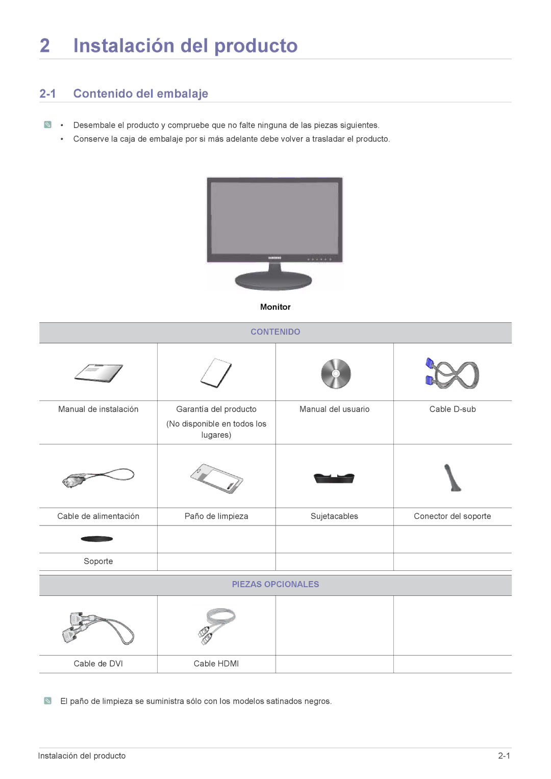 Samsung LS24LRZKUV/EN manual Instalación del producto, Contenido del embalaje, Piezas Opcionales 