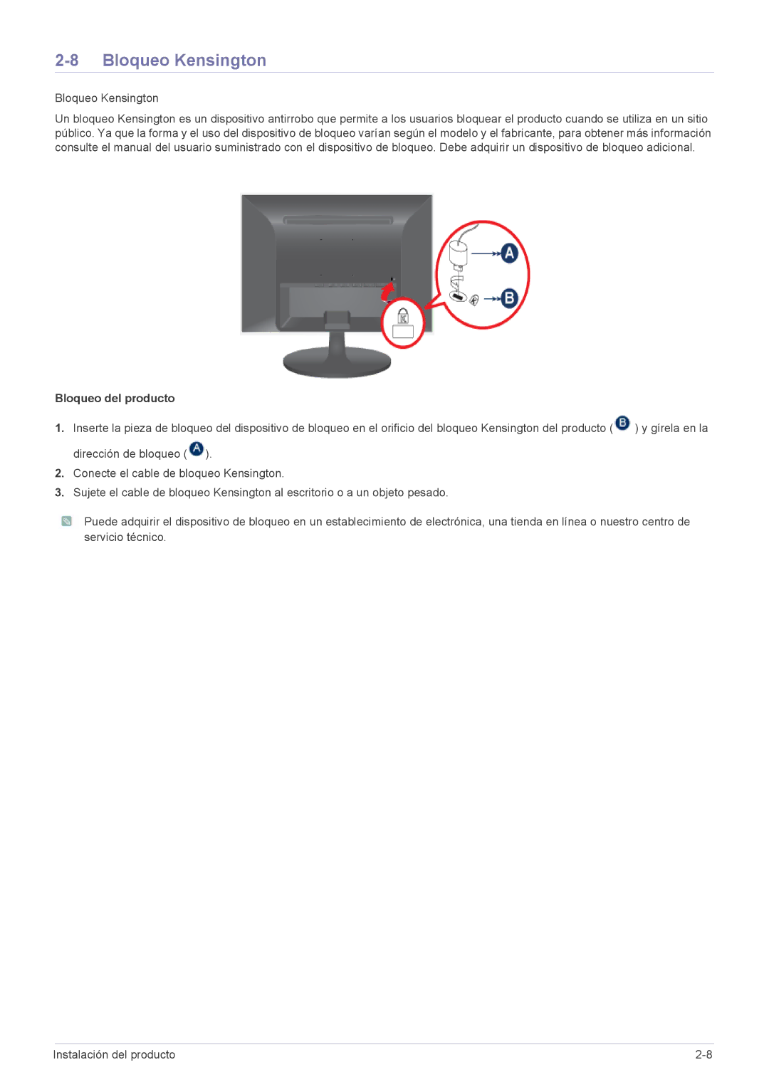 Samsung LS24LRZKUV/EN manual Bloqueo Kensington, Bloqueo del producto 