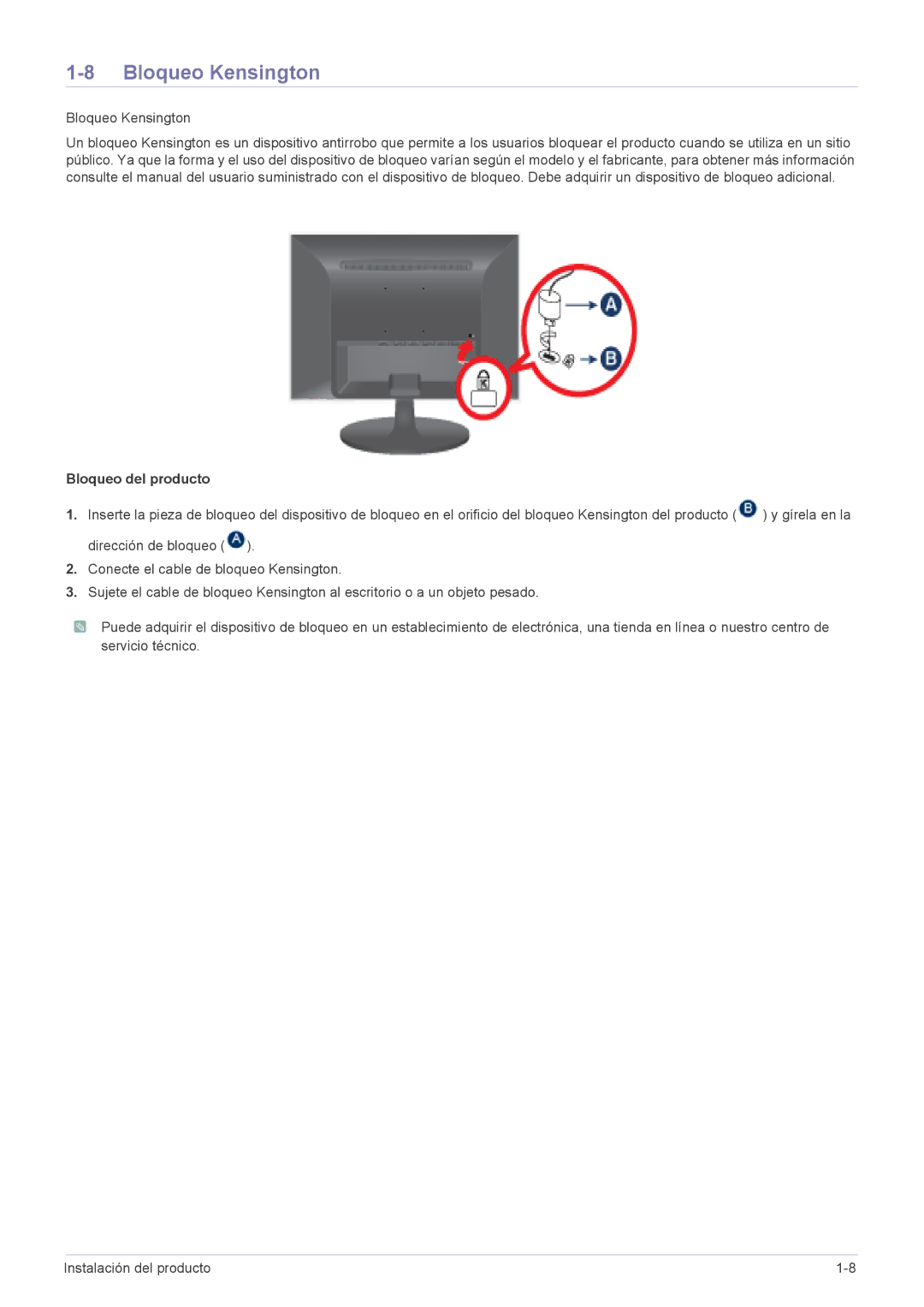 Samsung LS24LRZKUV/EN manual Bloqueo Kensington 