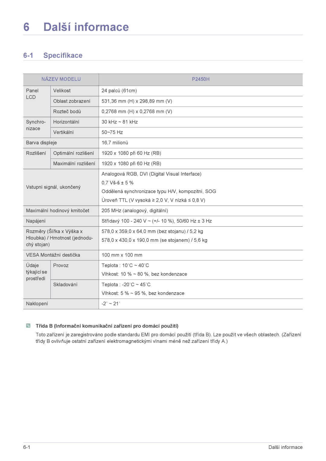 Samsung LS24LRZKUV/EN manual Další informace, Specifikace, Název Modelu 