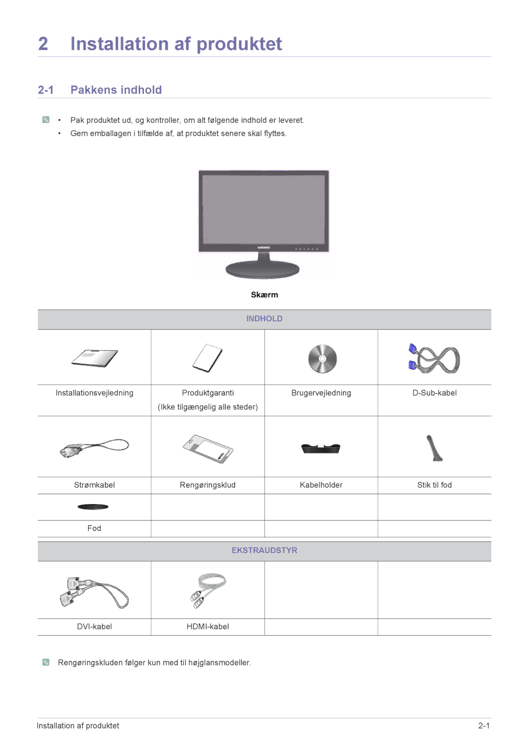 Samsung LS24LRZKUV/EN manual Installation af produktet, Pakkens indhold, Indhold, Ekstraudstyr 