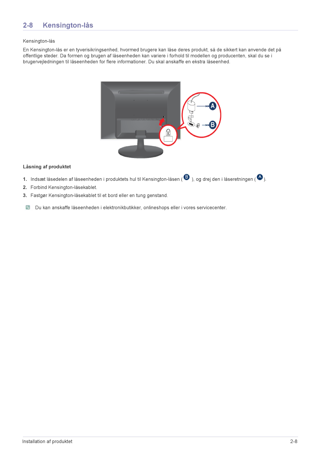 Samsung LS24LRZKUV/EN manual Kensington-lås, Låsning af produktet 