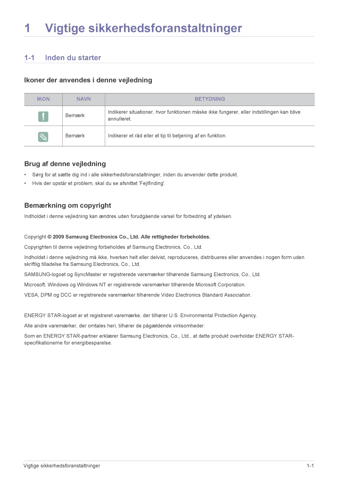 Samsung LS24LRZKUV/EN manual Vigtige sikkerhedsforanstaltninger, Inden du starter, Ikoner der anvendes i denne vejledning 