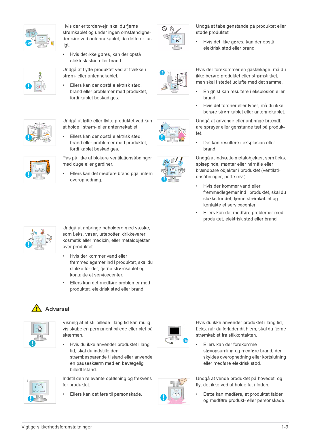 Samsung LS24LRZKUV/EN manual Vigtige sikkerhedsforanstaltninger 