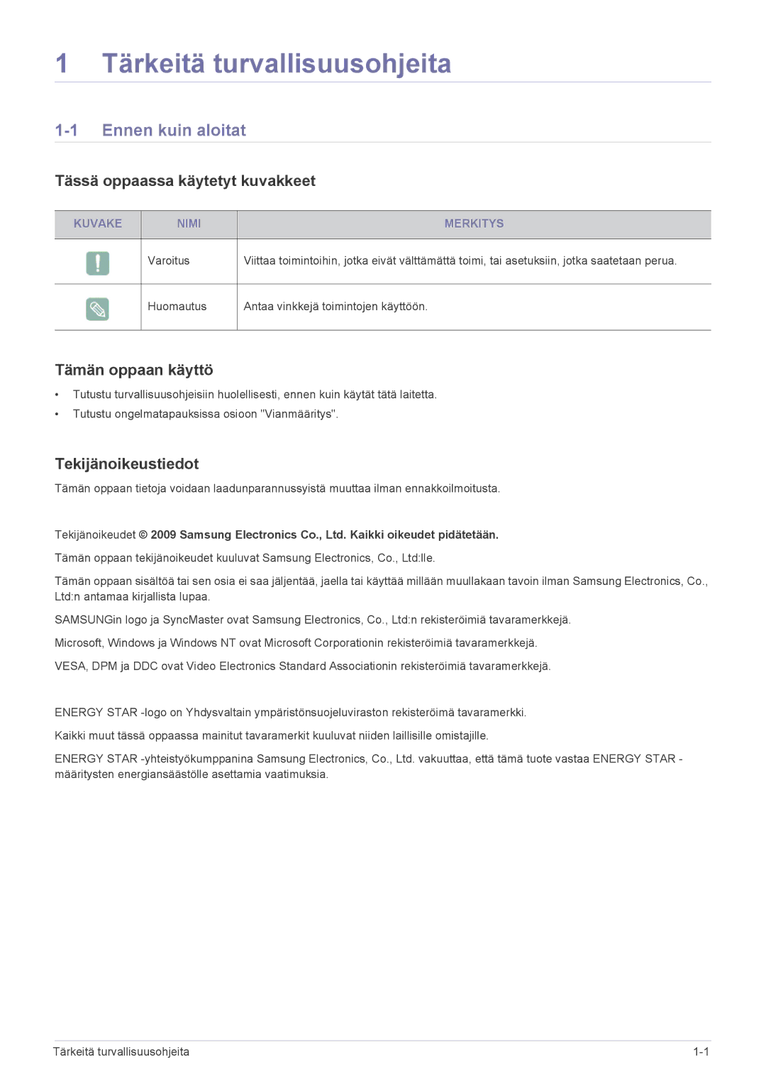 Samsung LS24LRZKUV/EN manual Tärkeitä turvallisuusohjeita, Ennen kuin aloitat, Tässä oppaassa käytetyt kuvakkeet 