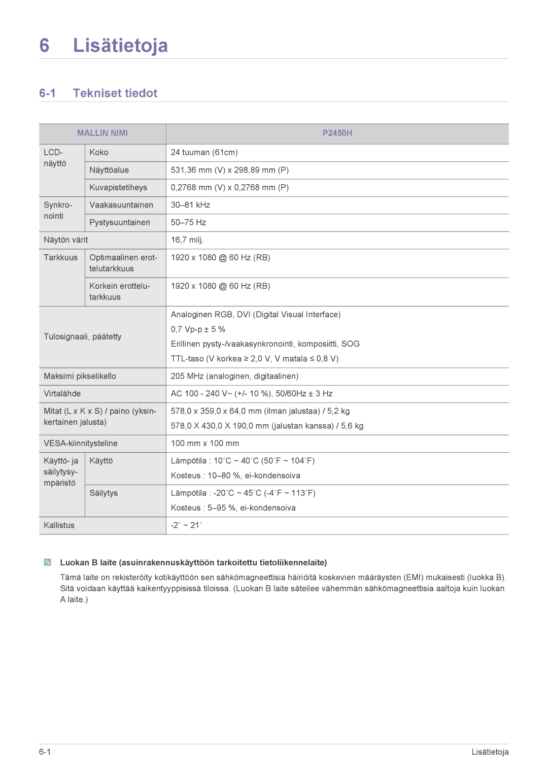 Samsung LS24LRZKUV/EN manual Lisätietoja, Tekniset tiedot, Mallin Nimi 