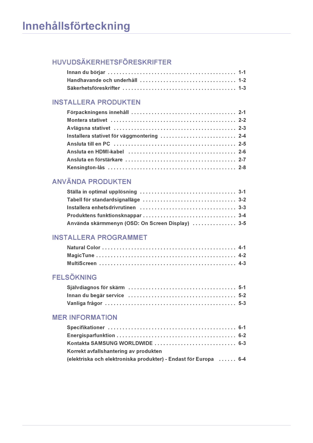 Samsung LS24LRZKUV/EN manual Innehållsförteckning, Installera Produkten 