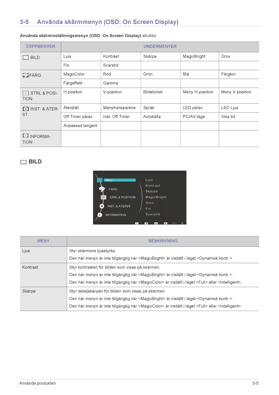 Samsung LS24LRZKUV/EN manual Använda skärmmenyn OSD On Screen Display, Toppmenyer Undermenyer, Meny Beskrivning 