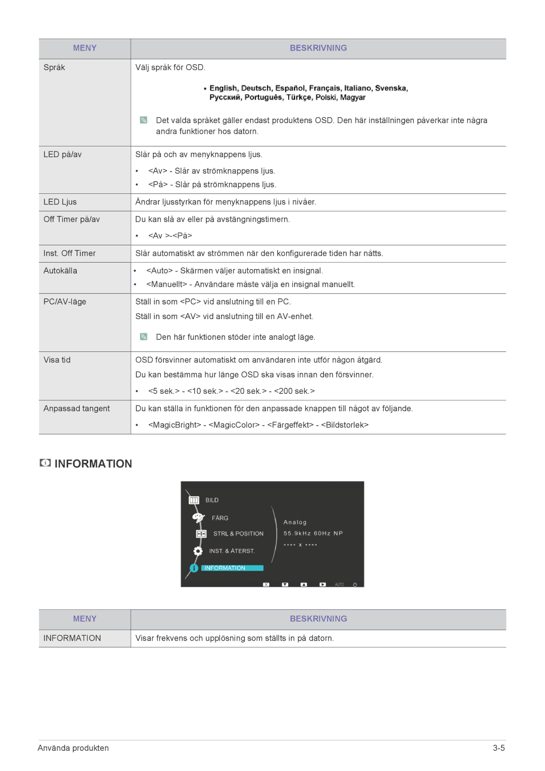 Samsung LS24LRZKUV/EN manual Språk Välj språk för OSD, Visar frekvens och upplösning som ställts in på datorn 