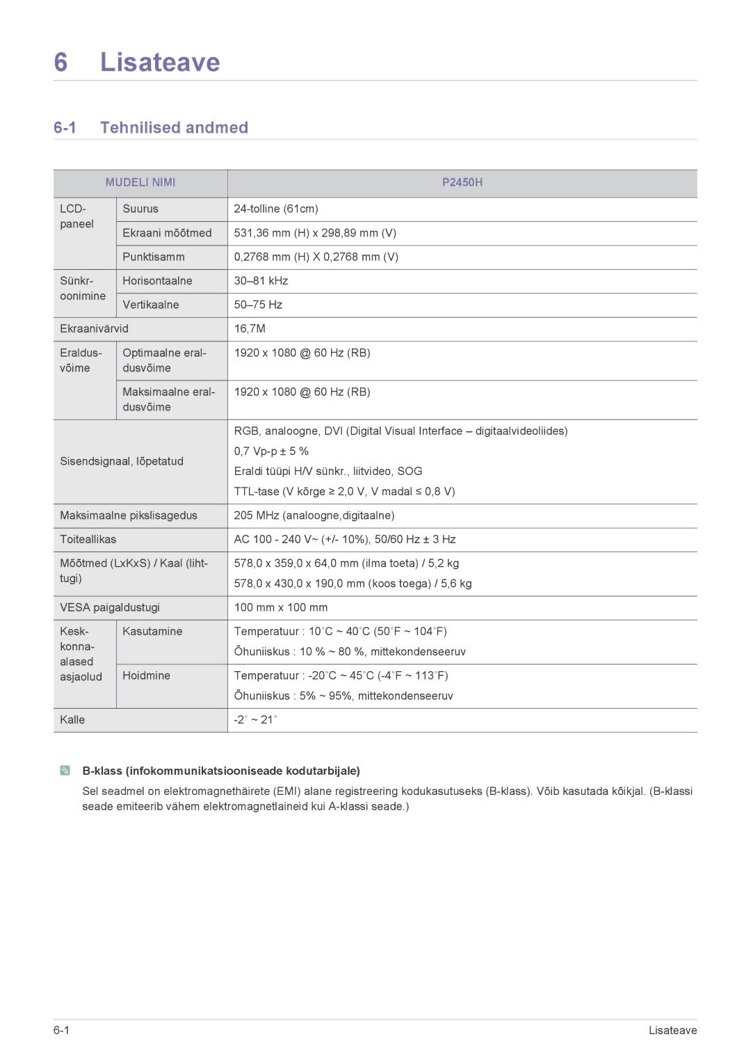 Samsung LS24LRZKUV/EN manual Lisateave, Tehnilised andmed, Mudeli Nimi, Klass infokommunikatsiooniseade kodutarbijale 