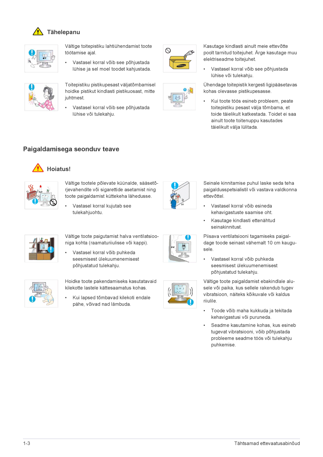 Samsung LS24LRZKUV/EN manual Paigaldamisega seonduv teave, Tähelepanu 