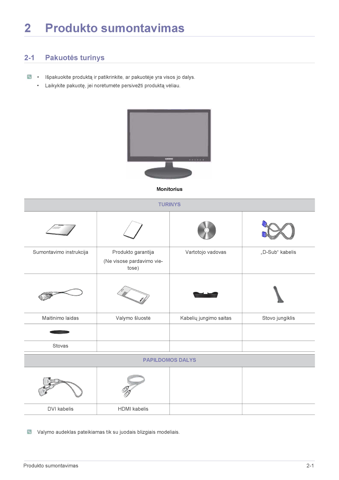 Samsung LS24LRZKUV/EN manual Produkto sumontavimas, Pakuotės turinys, Turinys, Papildomos Dalys 