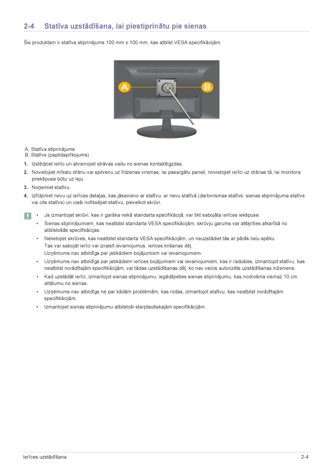 Samsung LS24LRZKUV/EN manual Statīva uzstādīšana, lai piestiprinātu pie sienas 