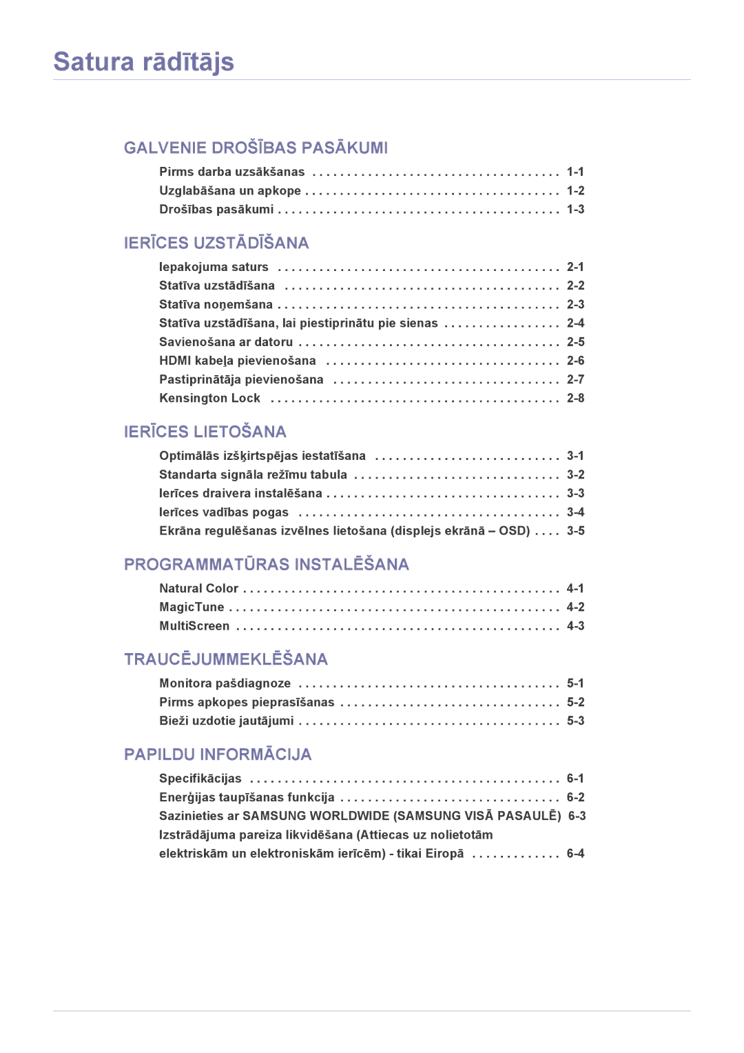 Samsung LS24LRZKUV/EN manual Satura rādītājs, Ierīces Uzstādīšana 