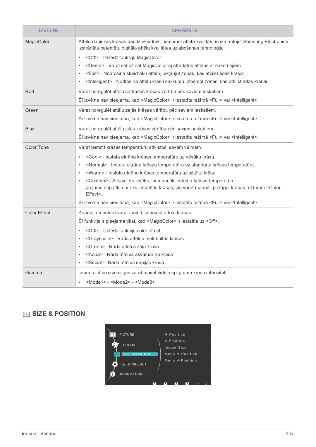 Samsung LS24LRZKUV/EN manual Size & Position 