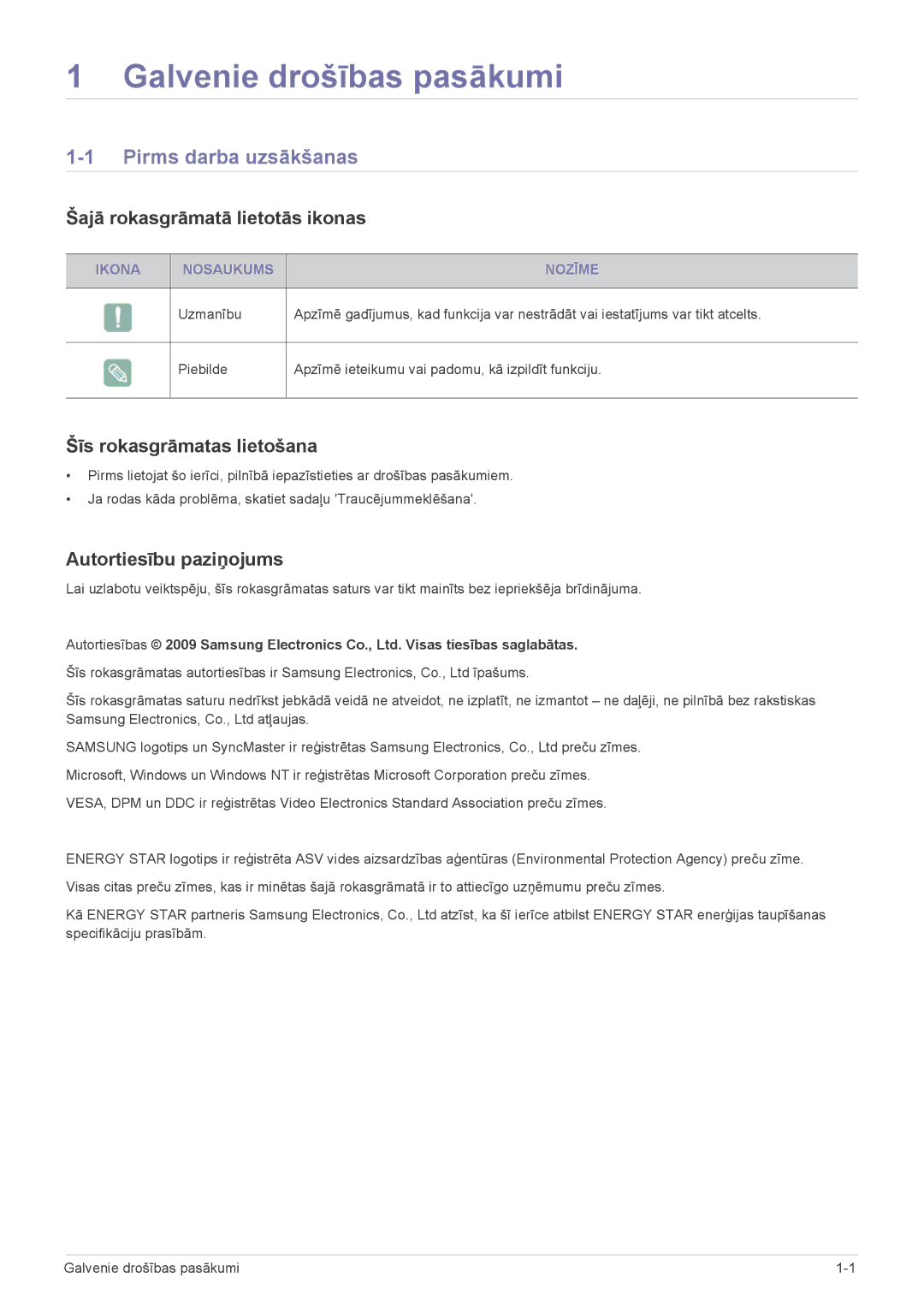 Samsung LS24LRZKUV/EN manual Galvenie drošības pasākumi, Pirms darba uzsākšanas, Šajā rokasgrāmatā lietotās ikonas 