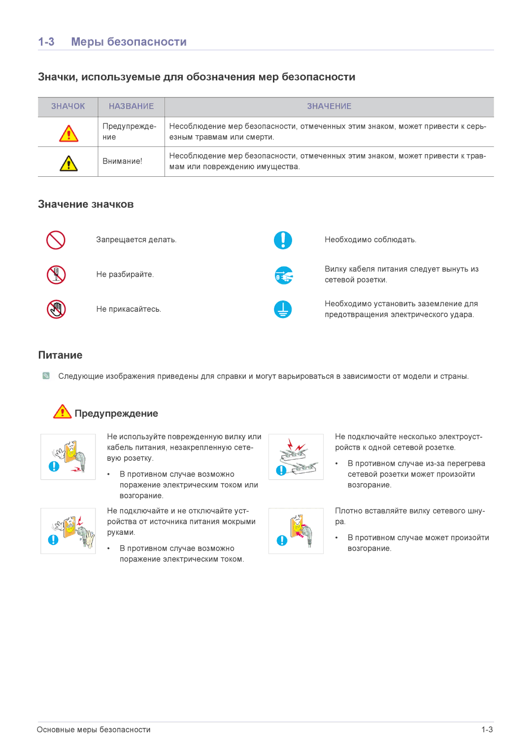 Samsung LS24LRZKUV/EN Меры безопасности, Значки, используемые для обозначения мер безопасности, Значение значков, Питание 