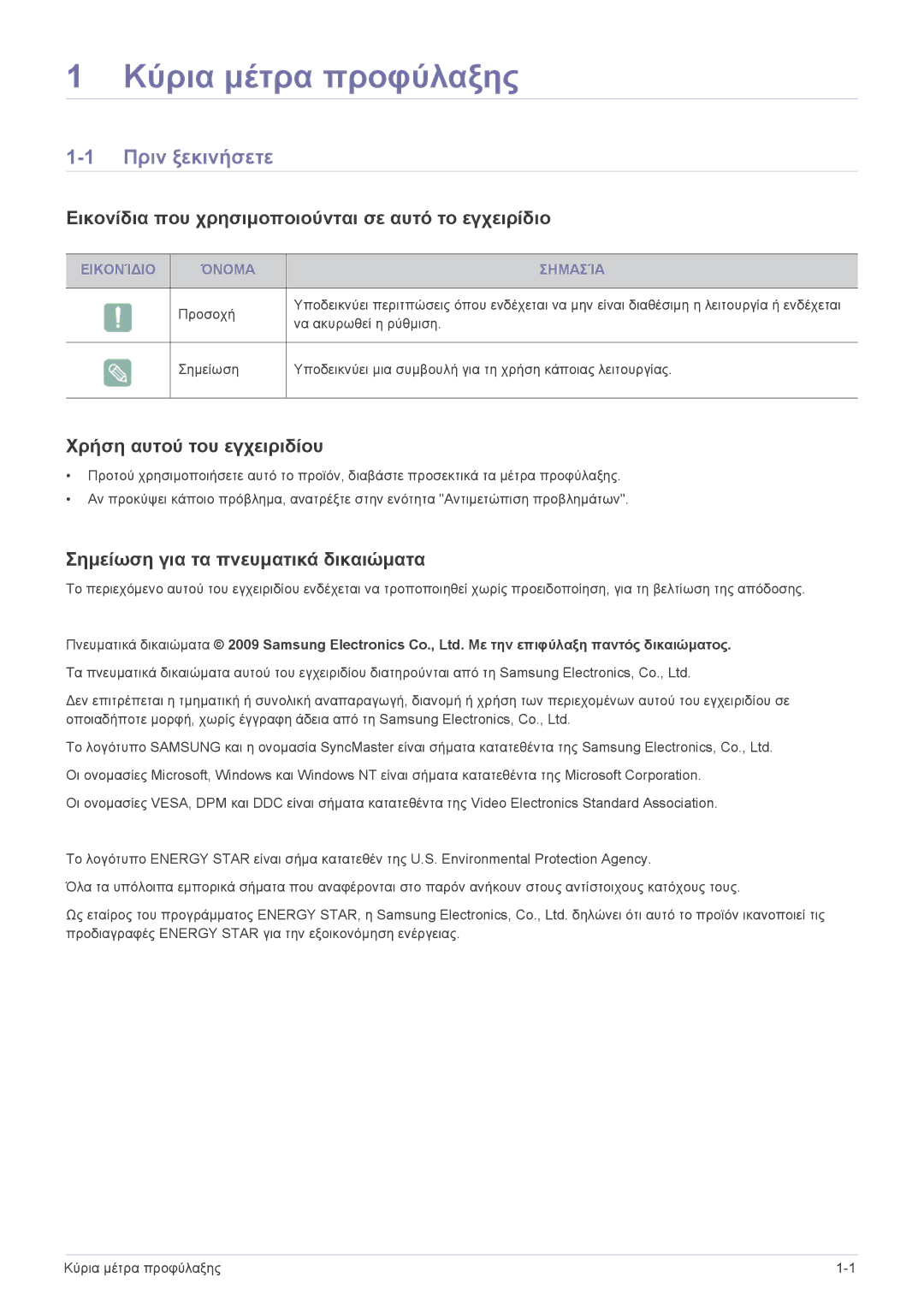 Samsung LS24LRZKUV/EN manual Κύρια μέτρα προφύλαξης, Πριν ξεκινήσετε, Εικονίδια που χρησιμοποιούνται σε αυτό το εγχειρίδιο 